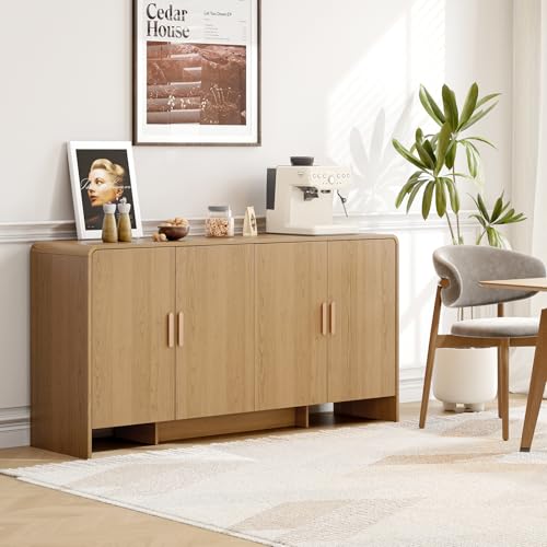 60" Sideboard Buffet Cabinet with Storage, Curved Design Farmhouse Coffee Bar Cabinet with 4 Doors & Adjustable Shelves for Living Room, Kitchen, Hallway, Walnut