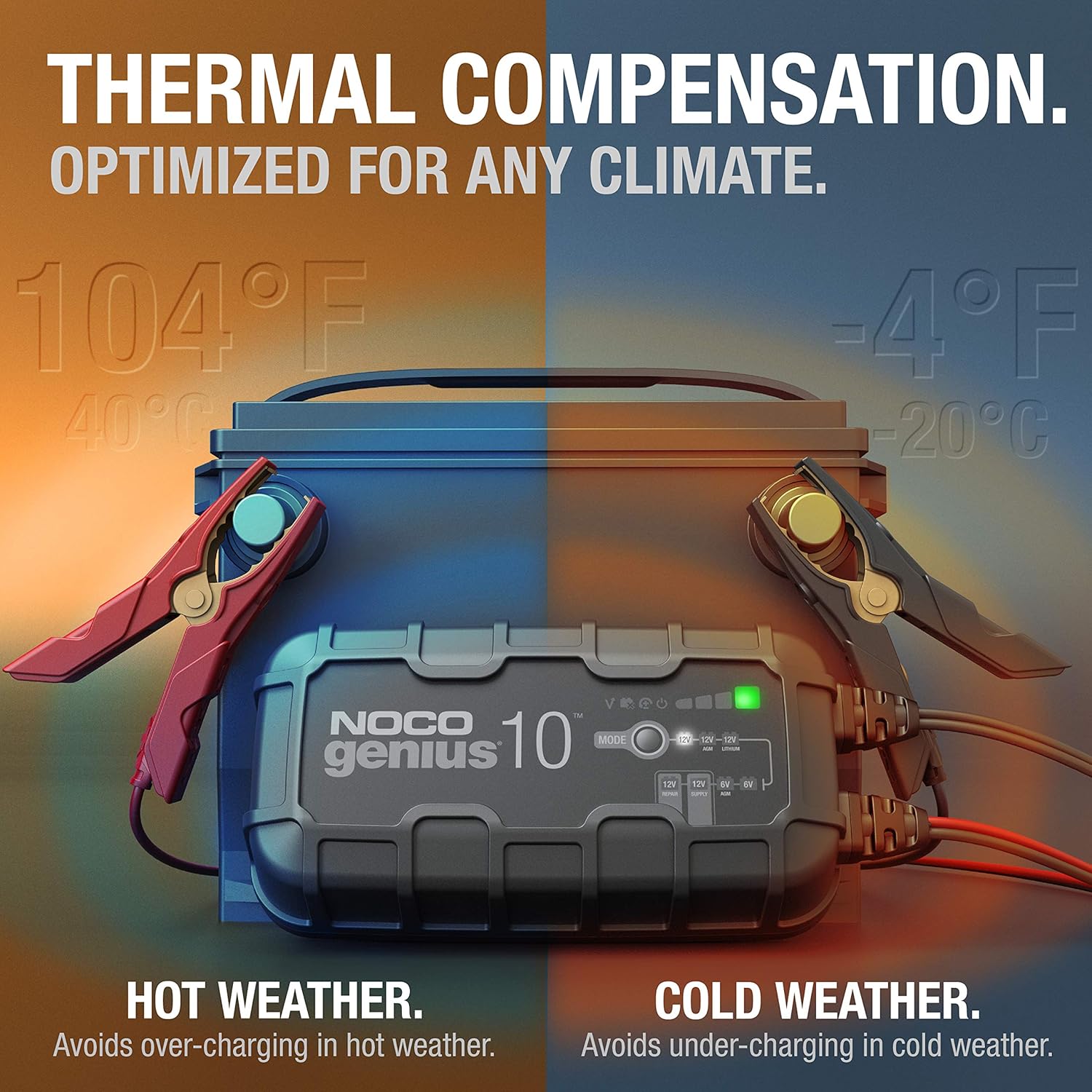 NOCO GENIUS10, 10-Amp Fully-Automatic Smart Charger, 6V and 12V Battery Charger, Battery Maintainer, Trickle Charger, and Battery Desulfator with Temperature Compensation , Black