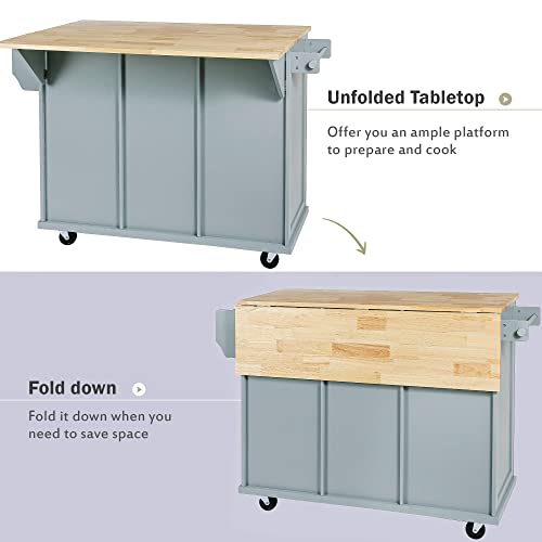 Kitchen Island with Storage, Two-sided Rolling Extended Table on Wheels w/Wood Top, Kitchen Island Cart w/Wine and Spice Rack, 2 Drawers, 3 Open Compartments for Dinning Room