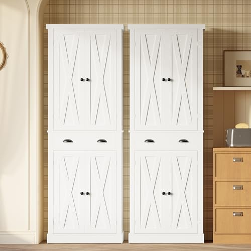 IRONCK Kitchen Pantry Storage Cabinet 72.6" H x 24" W, with Barn Doors, Drawer, 4 Adjustable Shelves, Freestanding Cupboard for Dining Room Living Room, Laundry, White
