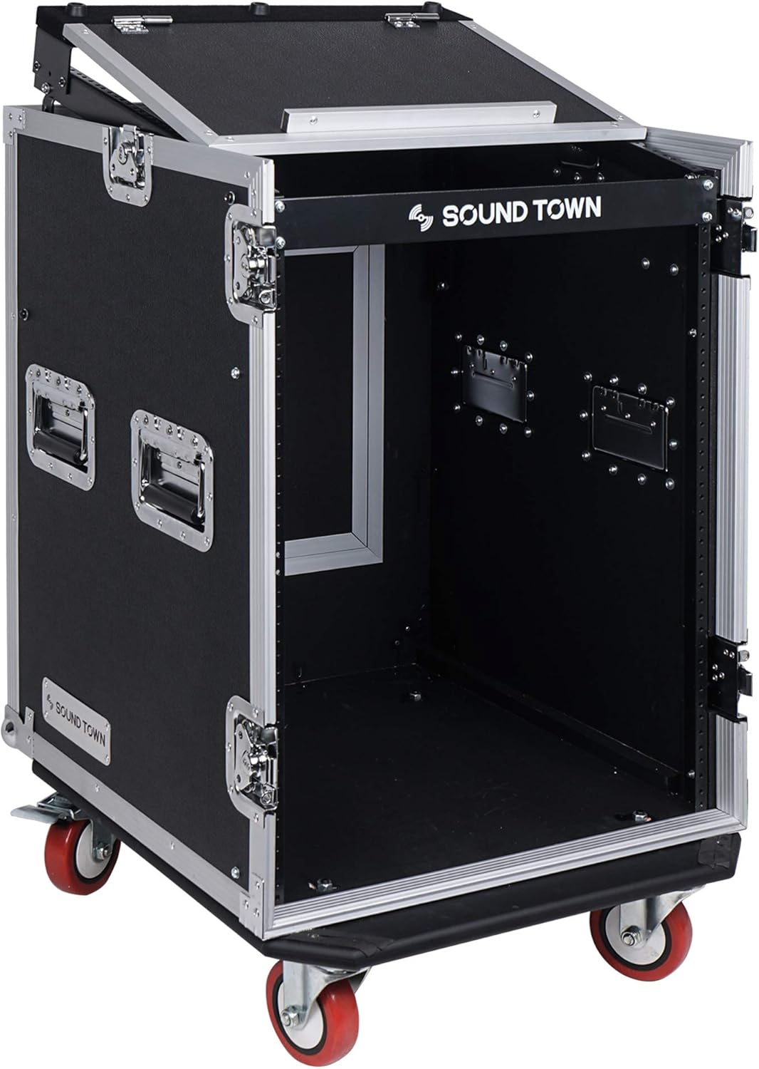 Sound Town 14U PA DJ Rack/Road ATA Case with 11U Slant Mixer Top, 20���� Rackable Depth, DJ Work Table and Casters, 14 Space Size, Pro Tour Grade (STMR-14UWT)