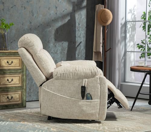 Light Grey Recliner Chair for Elderly | Tall and Big Man 400lbs | Chenille | Power Lift, Lay Flat, Stand Up, Wireless Charging Device, Extended Footrest, Massage Heat, Cup Holder, Lumbar Pillow