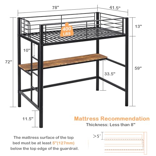 VECELO Metal Loft Bed Twin Size, Heavy Duty Bedframe with Removable Ladder and Safety Guardrail, Space-Saving, Noise Free, No Box Spring Needed, Off White