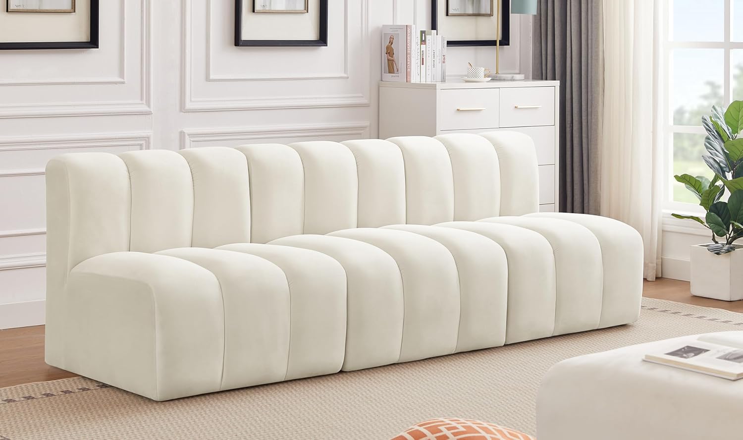 Meridian Furniture Arc Collection Modern | Contemporary Sofa with Soft Velvet, Deep Channel Tufting, Modular Design, 89.5 W x 31 D x 30 H, Cream