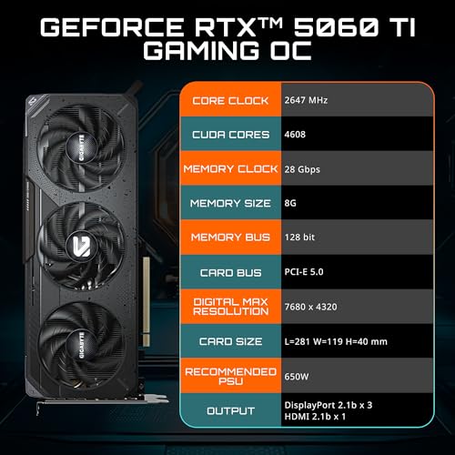 GIGABYTE GeForce RTX 5060 Ti WINDFORCE OC 8G Graphics Card, 8GB 128-bit GDDR7, PCIe 5.0, WINDFORCE Cooling System, GV-N506TWF2OC-8GD Video Card