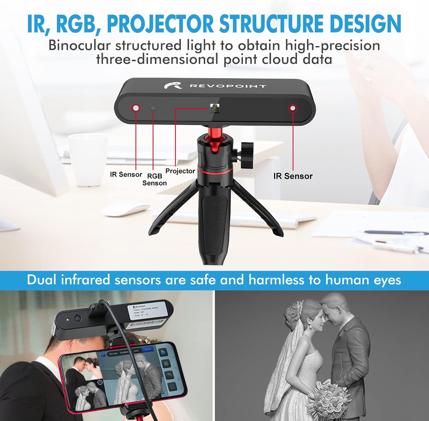 SUNWOW POP 3D Scanner, 0.3mm 8Fps 3D Scanner for 3D Printer with Turntable and Phone Holder for Handheld Fixed Human Face Body Texture Scanning, Support Android, Windows, iOS and Mac OS, A3