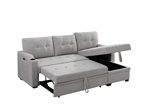 LSOFA 83 Inch Convertible L Shaped Sleeper Sectional Sofa Linen with Storage Chaise, Pull Out Bed, Cup Holder, USB Charging Port, Side Pocket, Reversible Corner Couch Design, 83, Light Grey4