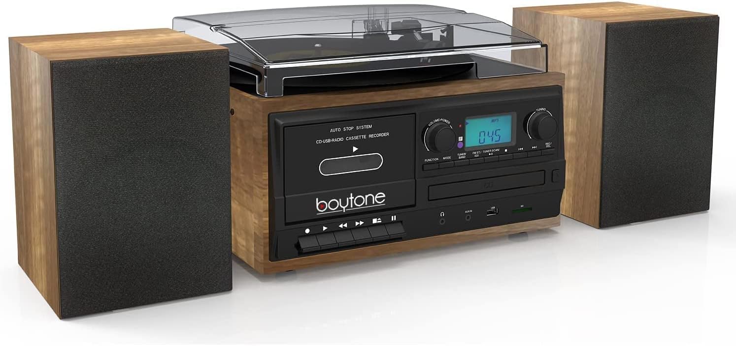 Boytone BT-58W Bluetooth Record Player Turntable with CD Player, Convert LP Vinyl, CD to MP3 Player, Cassette, AM/FM Radio, Aux, USB/SD Encoding, Remote Control, Audio Music Player Built in Amplifier