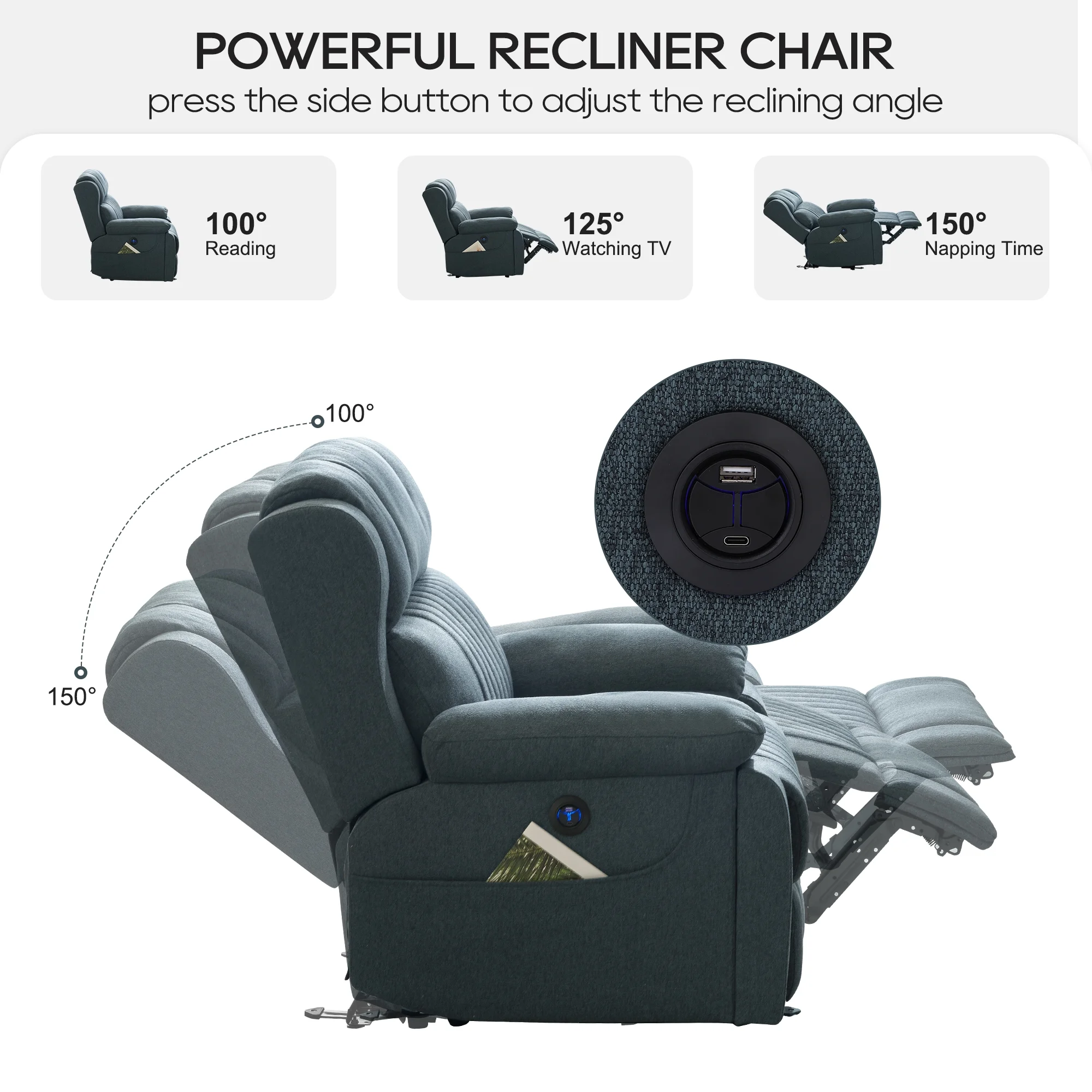 LVUYOYO Electric Power Recliner Chair, Reclining Chair with Heat and Massage, Position Recliner up to 350 Lbs,2 Cup Holders, USB Ports, 2 Side Pockets,Blue