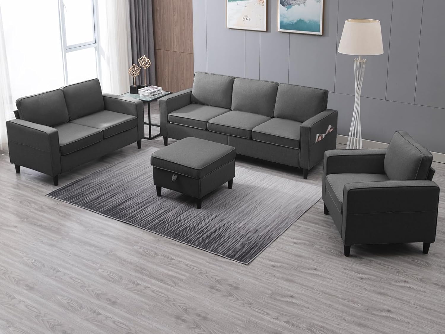 3 Piece Sofa Set Living Room Furniture Sets, Convertible Sectional Sofa Couch with Storage Ottoman, Modular Sectional Couch for Living Room,3-Seat Sofa +Ottoman+Loveseat+ Armchair (Dark Gray)