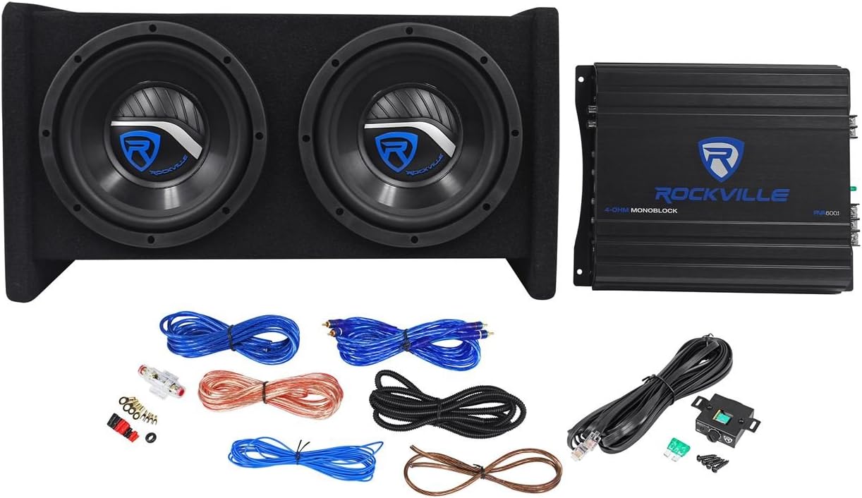 Rockville RV8.2A 800 Watt Dual 8 Car Subwoofer Enclosure+Mono Amplifier+Amp Kit