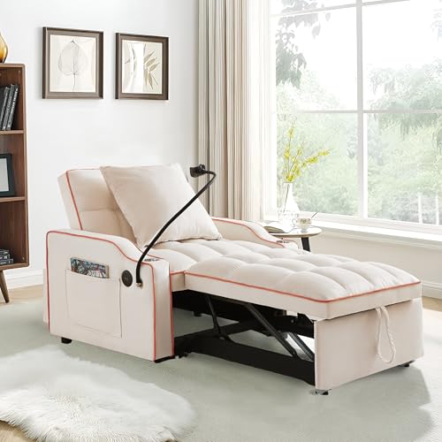 3 in 1 Sleeper Sofa Couch Bed, Velvet Convertible Single Sleeper Sofa with 3 Level Adjustable Backrest, Storage Pockets, Toss Pillows, Pull Out Single Sleeper for Living Room, Black