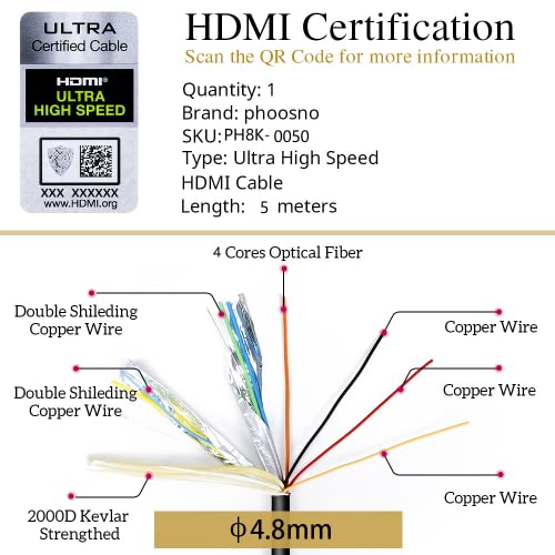 phoossno Certified 8K HDMI 2.1 Fiber Optical Cable, 10K Ultra High Speed HDMI