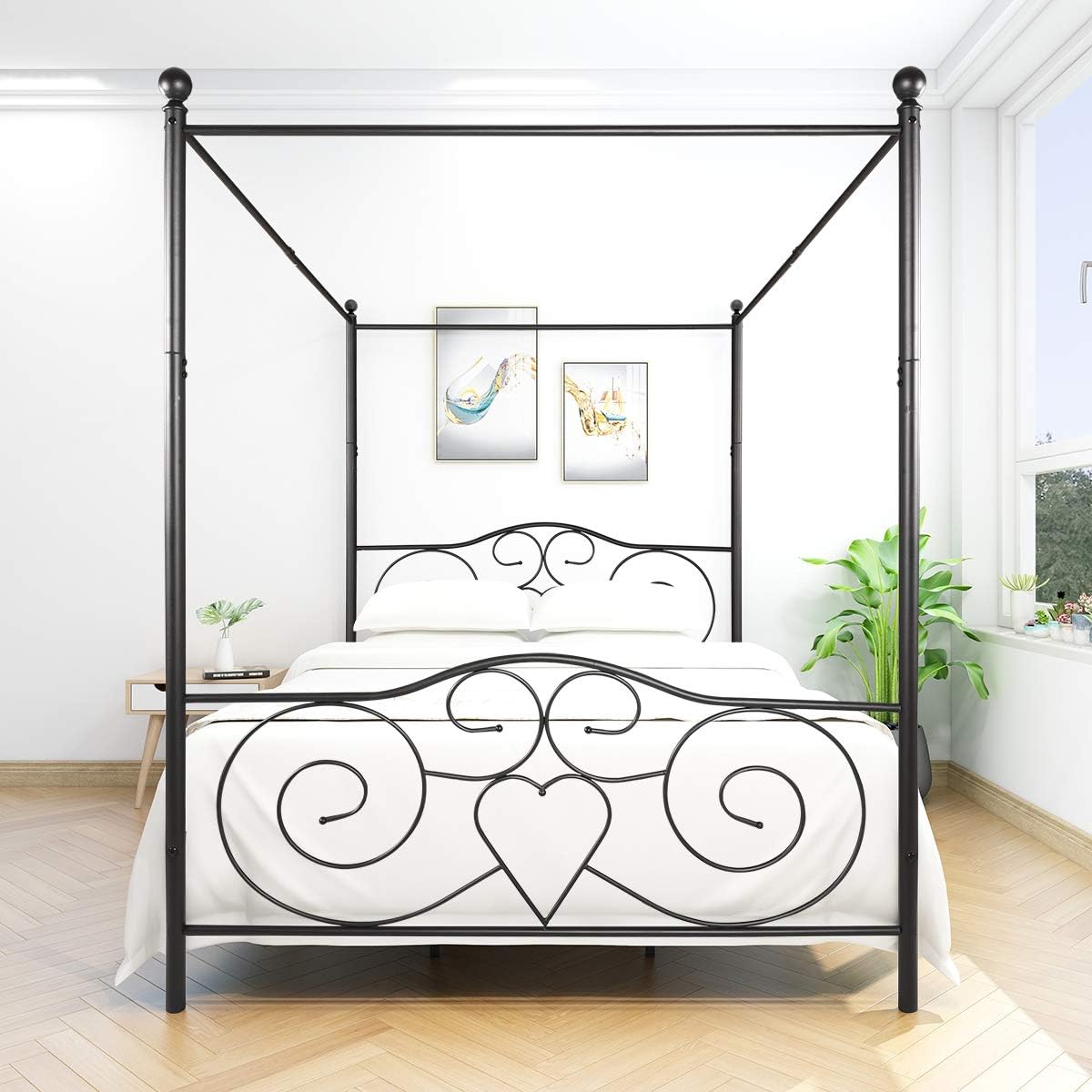 Bed Frame Elegant Metal Canopy Bed Frame with Vintage Style Headboard & Footboard - Easy DIY Assembly Included - Queen Black