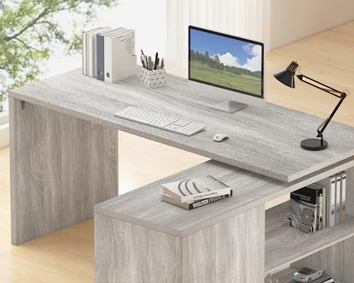 HSH L Shaped Computer Desk, Rustic Wood Corner Desk, Industrial Writing Workstation Table with Cabinet Drawer Storage for Home Office Study, Grey 55 inch