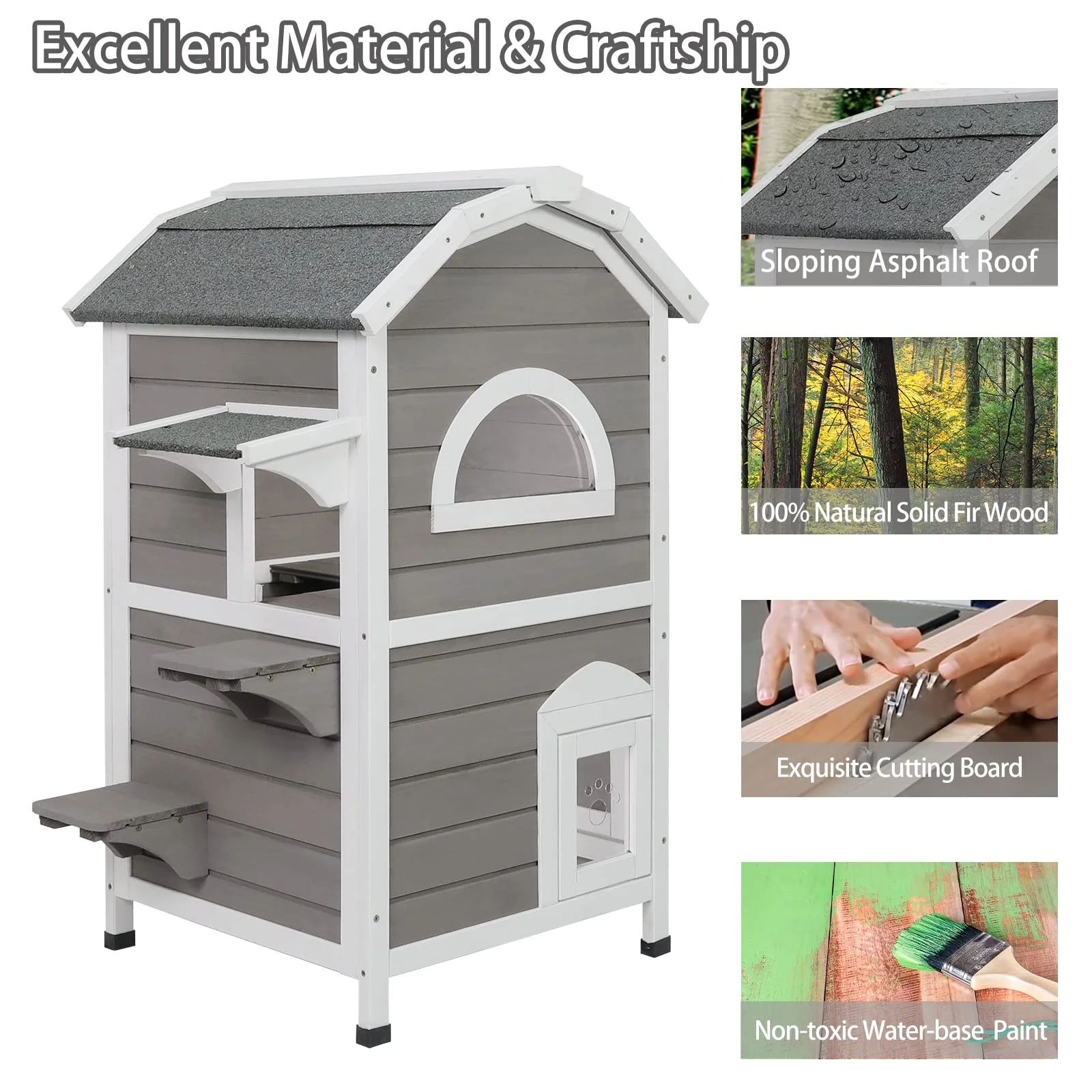 PetsCosset Outdoor Cat House Shelter Weatherproof, Two Story Wooden Outside Cat House Feral Cat House with Escape Door, Removable Floors