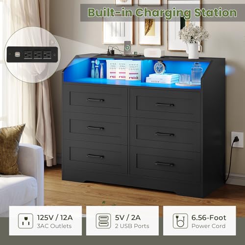 Hasuit White 6 Drawers Dresser with LED Lights and Charging Station, Modern Wood Bedroom Storage Tower Clothes Organizer, Chest of 6 Drawers Storage Cabinet with Deep Drawers for Bedroom, Living Room