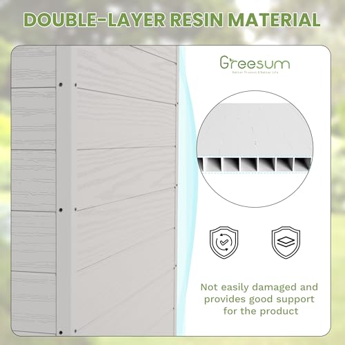 Greesum 6×8FT Plastic Outdoor Storage Shed with Floor, Resin Storaged Sheds with Lockable Double Door, Windows & Vents, All-Weather Tool Sheds for Garden, Backyard, Patio, Light Gray