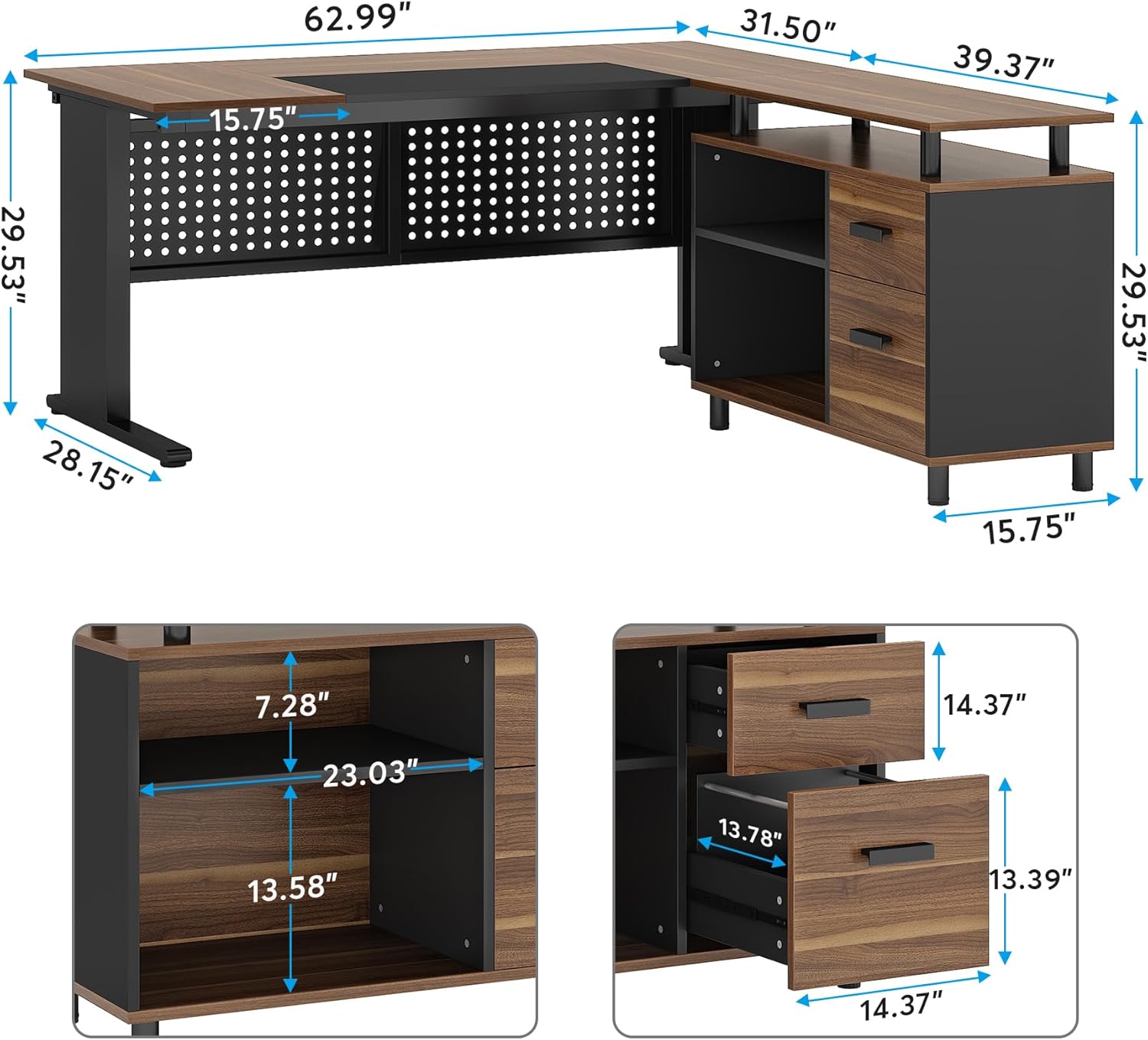 Large Computer Desk with File Cabinet, 63 Inch Executive Desk L Shaped Office Desk, Business Furniture Desk Workstation for Home Office, Brown and Black