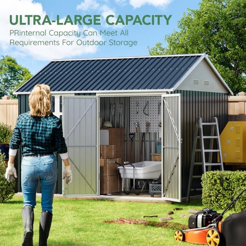 10X12X7.5 FT Outdoor Steel Storage Shed with Lockable Doors, 2 Windows, Transparent Roof Panels (Wood Panels & Frame Floor Not Included), Ideal for Patio Storage,Garbage Can, Chicken Coop，Brown