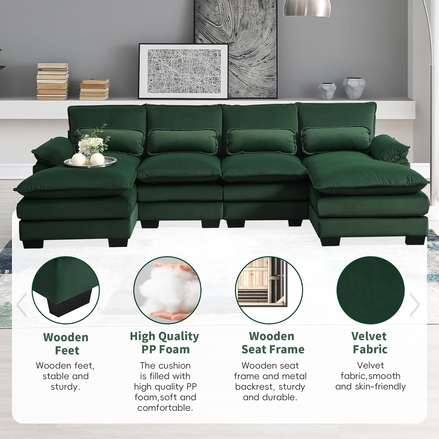 11055" Modern U-Shaped Sectional Waist Pillows,6-seat Upholstered Symmetrical Furniture,Sleeper Sofa Couch with Chaise Lounge for Living Room,Apartment, Green
