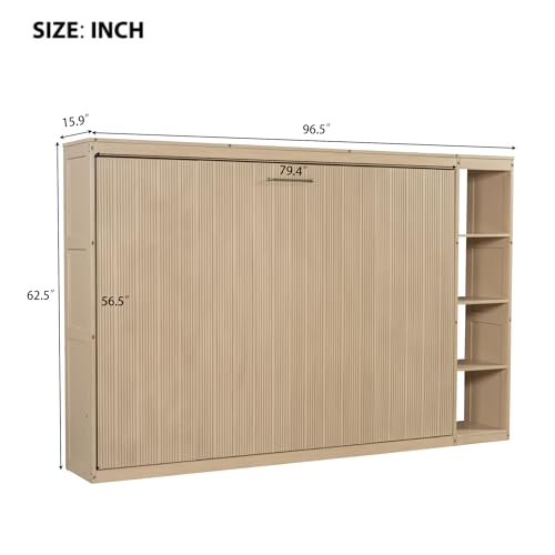 Wooden Murphy Cabinet Bed Frame with Charging Station, Full-Size Foldable Wall Bed with Large Storage Drawer for Home Apartment Limited Living Places, Space-Saving Hidden Bed No Box Spring Needed