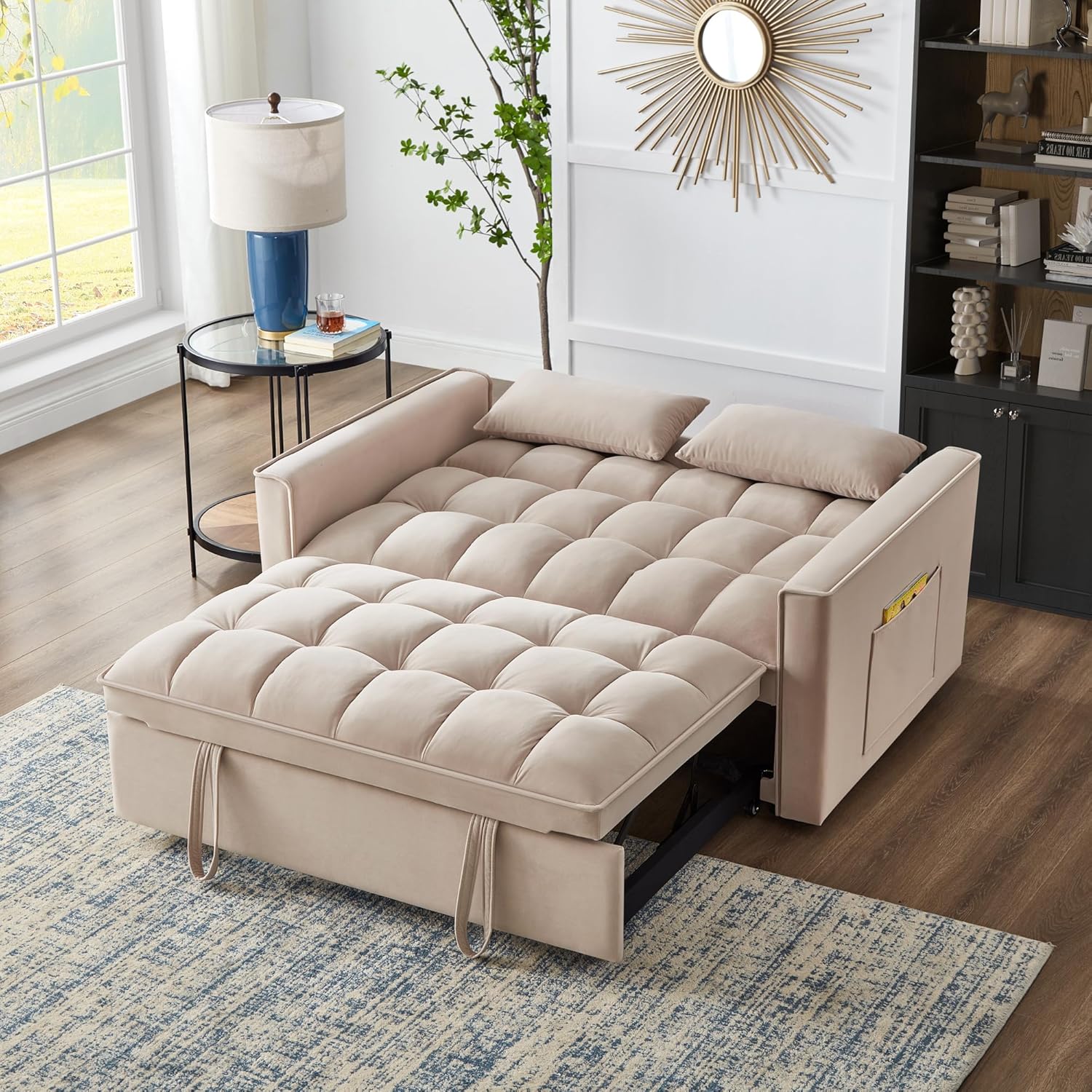3 in 1 Multi-Functional Futon Loveseat Pull Out Couch Bed, Convertible Sleeper Sofa Bed with Adjustable Backrest and Pillows , 2 Seater Love Seat Lounge Chaise for Living Room Office RV Furniture