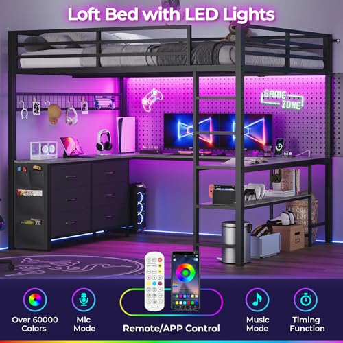 ADORNEVE Loft Bed Full Size with U-Shaped Desk, 6 Storage Drawers, Power Outlet, LED Metal Loft Bed with 2 Storage Shelves, Bed with Safety Guardrail & Ladders, No Box Spring Needed, Rustic Brown