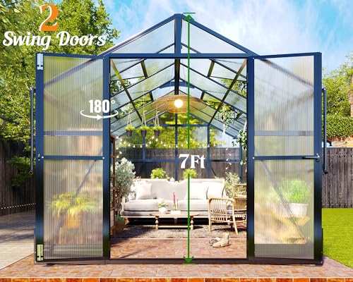 8x12 FT Polycarbonate Greenhouse with Quick-Connect Fittings, Walk-in Large Aluminum Greenhouse with 2 Swing Doors, Winter Greenhouse for Outdoors Black