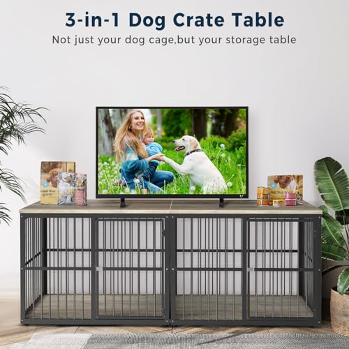 86.62''Dog Crate Furniture Large Breed TV Stand with Double Rooms,Wooden Dog Kennel Dog Crate End Table with Removable Divider for Large Medium Dogs, Can Use Separately, Brown
