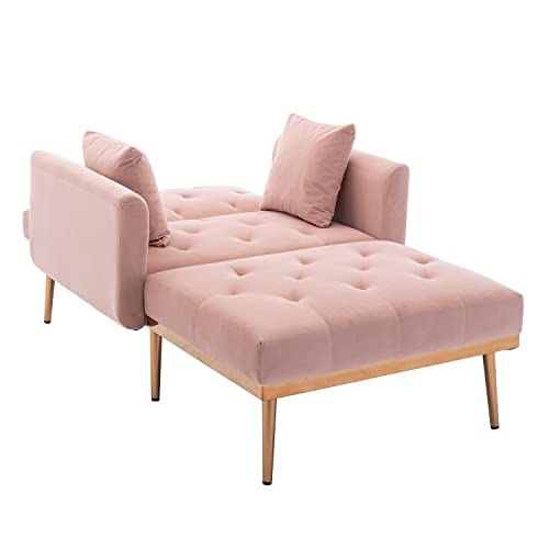 Velvet Chaise Lounge Indoor, 2-in 1 Lounge Chair with Adjustable Backrest, Modern Single Sofa Chair Bed with Solid Golden Metal Legs (Beige)