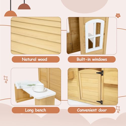 Outdoor Playhouse, Wooden Playhouse for Kids, Backyard Playhouse with Window, Mailbox, Picnic Bench, Fenced, Flowerpot Holders, Gift for Age 2+, 39" x 38" x 55.5"
