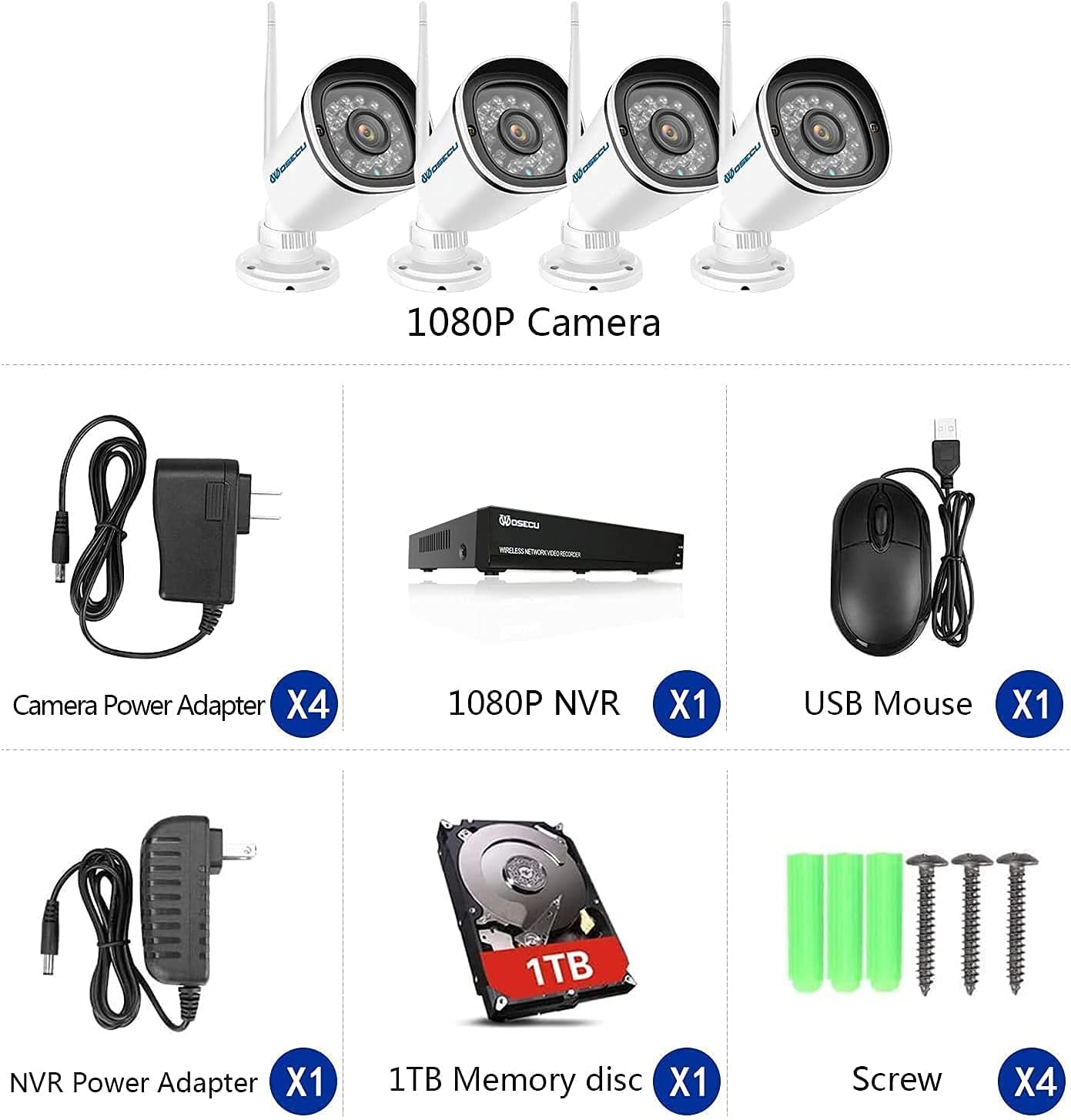 WOSECU 8CH Wireless Security Camera System, Home Security Outdoor 1TB Hard Drive Pre-Installed 4PCS 1080p Outdoor WiFi Surveillance Camera with Night Vision, Waterproof, Motion Alert, Remote Access