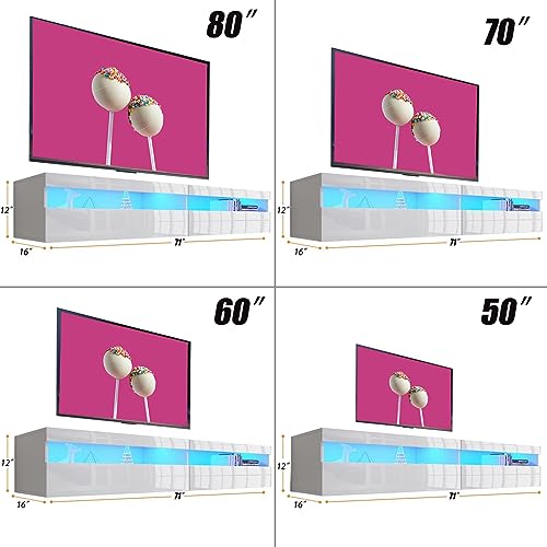 Floating TV Stand, 71" Floating entertainment center wall mounted,Floating Wall Mounted TV Shelf with Led Lights and Power Outlet,Modern High Gloss tv Cabinet Media Console with Storage
