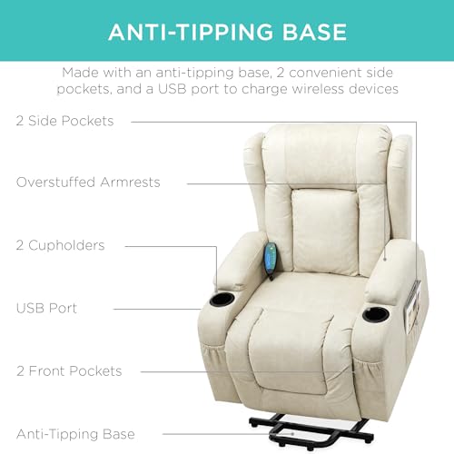 Best Choice Products PU Leather Electric Power Lift Chair, Recliner Massage Chair, Adjustable Furniture for Back, Legs w/ 3 Positions, USB Port, Heat, Cupholders, Easy-to-Reach Side Button - Brown