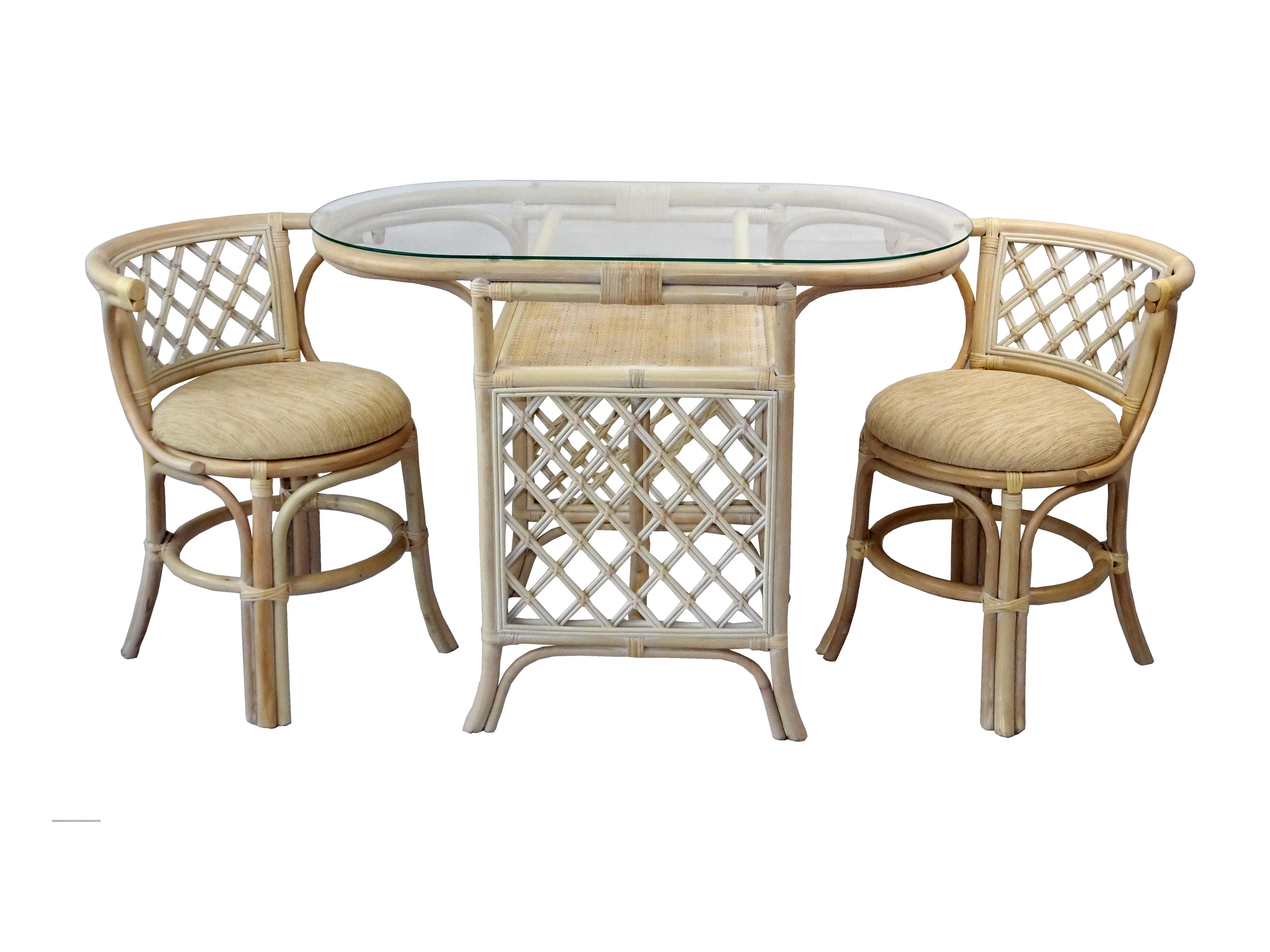 SK New Interiors Dining Furniture Borneo Set of 2 Natural Rattan Chairs w/Cream Cushion and Oval Table w/Glass, White Wash