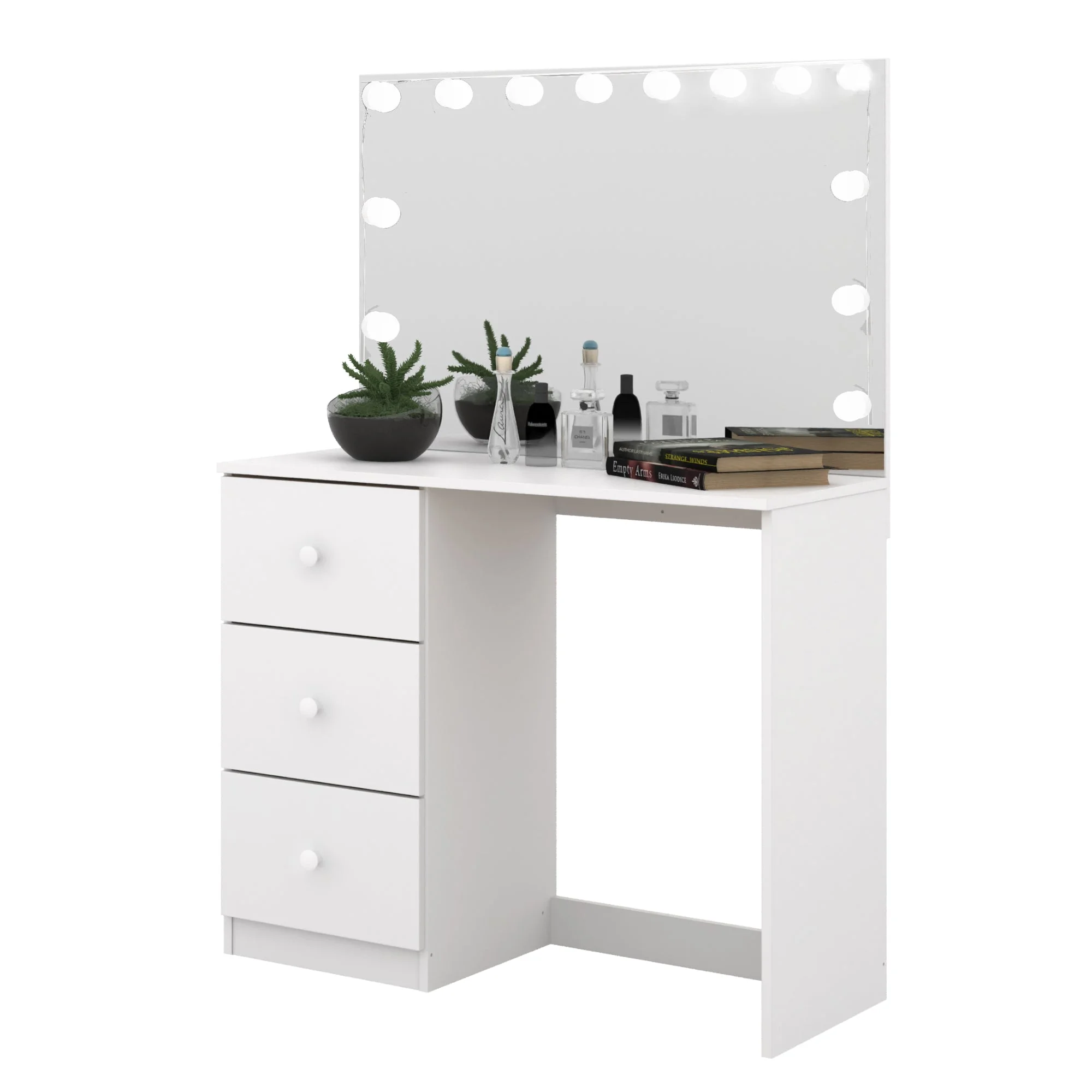 Boahaus Amelia Modern Vanity Table with Light Bulbs 3 Drawers Wide Mirror White Painted for Bedroom