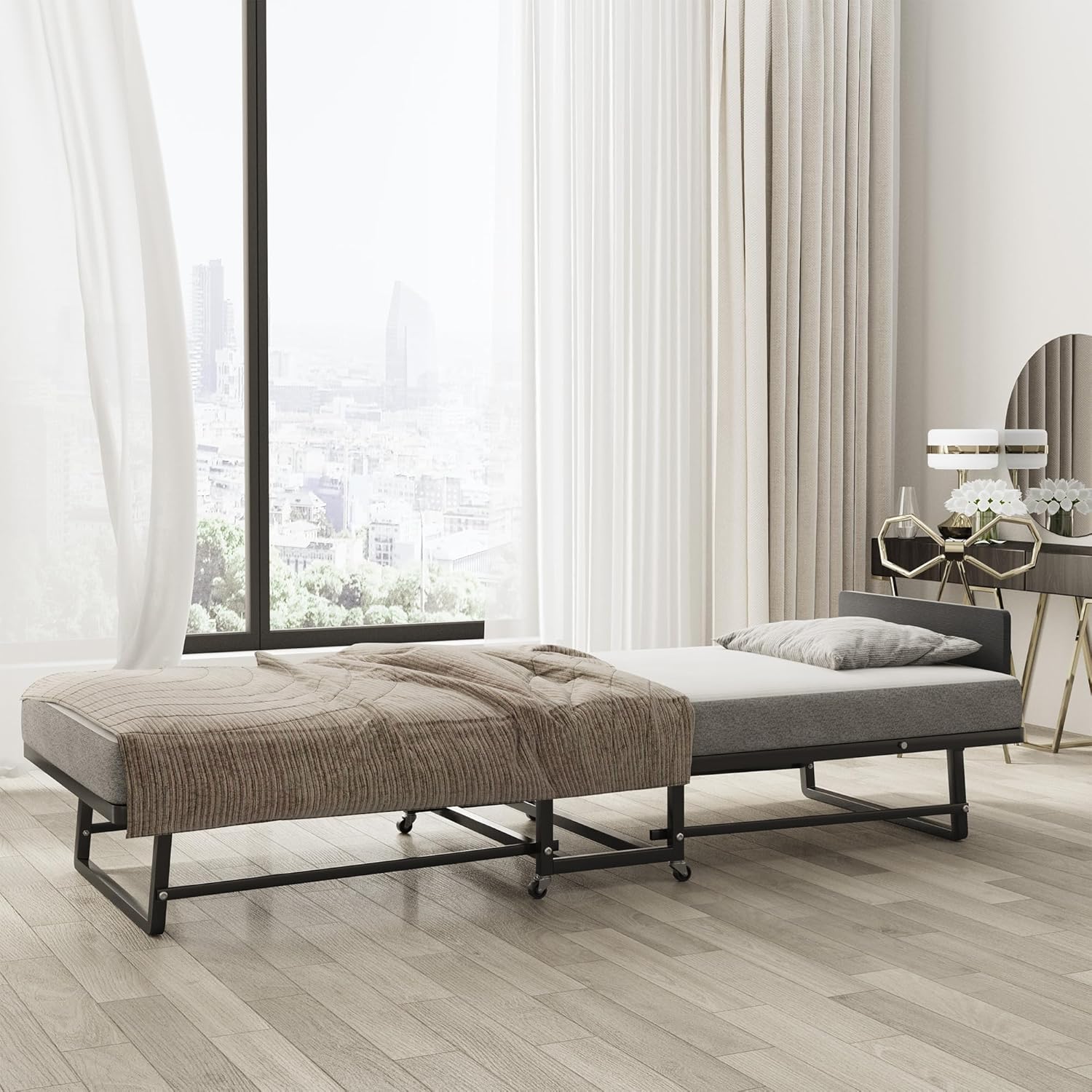 Folding Bed with 4-Inch Mattress, Metal Cot Size Rollaway Bed for Adults, Fold up Guest Bed on Wheels, 350-Pound Capacity