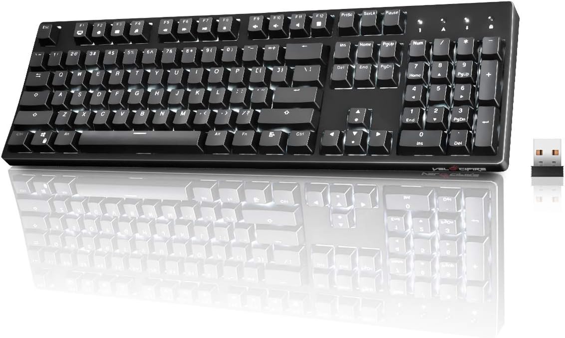 Wireless Mechanical Keyboard Ergonomic, Velocifire VM02WS 104-key Full Size with Brown Switches White Backlit & High Battery Lasting for Copywriters, Typists, Programmer(Black)
