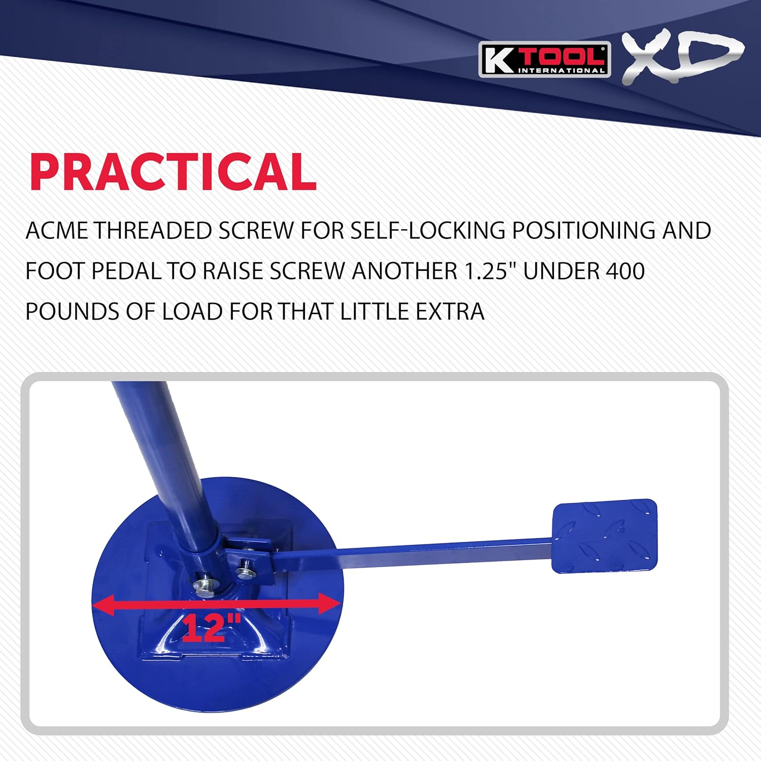 K Tool International XD Underhoist Pole Jack Support Stand with Foot Pedal 3/4 Ton, Range 53 1/2" to 80" Auto Lifts Transmission and Drive Train Spin Handle KTIXD61077