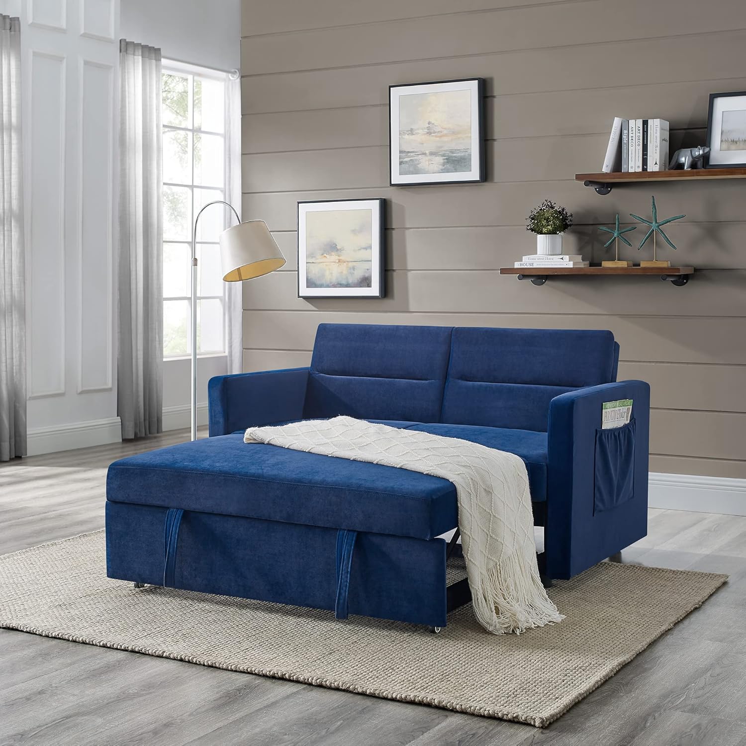 3 in 1 Multi-Functional Futon Couch Pull Out Sleep, 2 Seater Convertible Loveseats Sofa with Adjustable Backrest,Comfy Upholstery Sofacama Sofabed, Blue Velvet w/Side Pockets