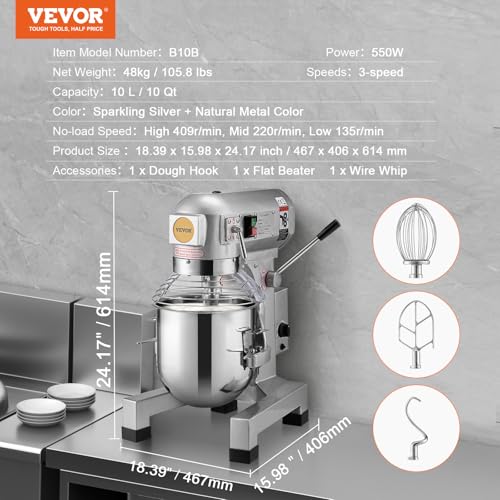 VEVOR Commercial Food Mixer 10Qt, Commercial Mixer with 3 Adjustable Speeds, 550W Dough Mixer,Commercial Stand Mixer with Stainless Steel Bowl