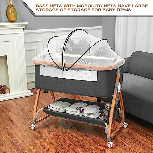 Bedside Bassinet for Baby,Baby Bassinet Bedside Sleeper,Bassinet Bedside Sleeper with Wheels,Storage Basket,Mosquito Nets,Easy to Assemble Bassinet for Newborn/Infant,Adjustable Bedside Crib