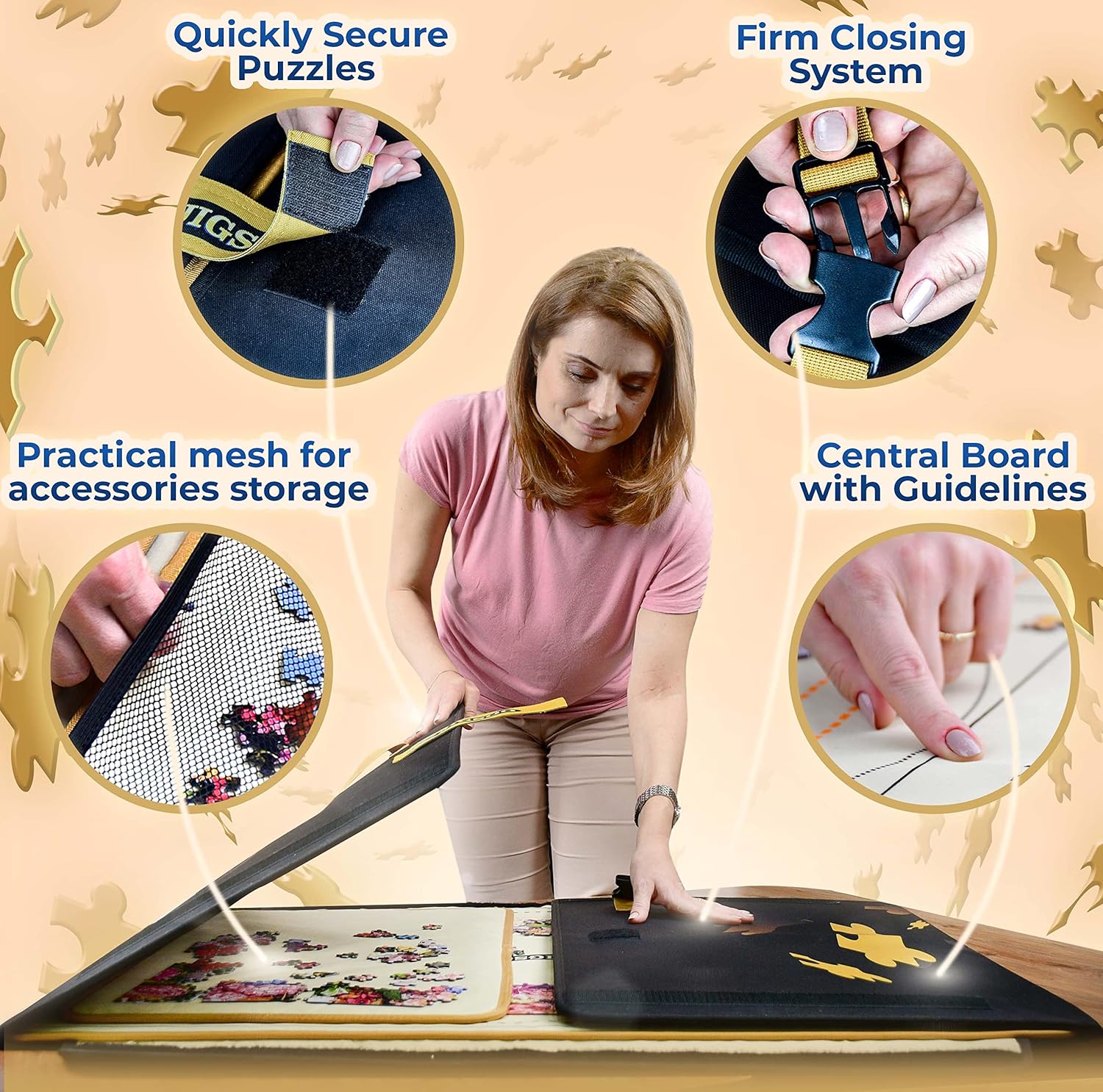 Jigsoo Portable Jigsaw Puzzle Case - 1500 Pieces Jigsaw Organizer Puzzle Storage with Central Board and 2 Sorting Trays - Practical Puzzle Saver with Shoulder Strap, 2 Handles & Velcro Closure Keeper
