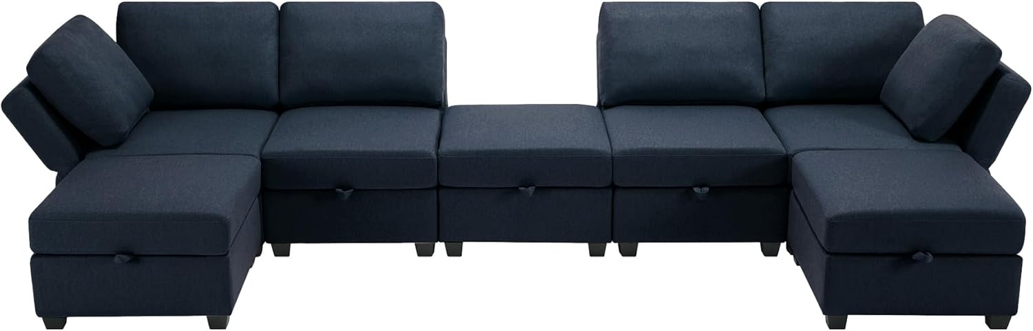 GOWE Modular Sectional Sofa U Shaped Sectional Couch with Ottoman, 7 Seat Modular Sofa with Chaise for Living Room, Adjustable Arms and Backs - Blue