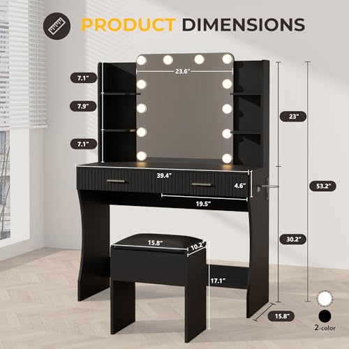 Vanity Desk with LED Lighted Mirror, Makeup Vanity with 3 Adjustable Lights, 2 Large Drawers and 4 Open Shelves, White Vanity with Storage Stool for Bedroom