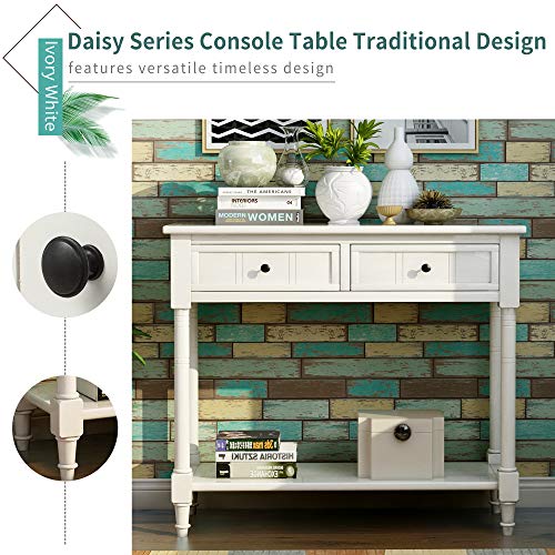 Narrow Console Table with 2 Drawers and Storage Shelf, 35.34" L Retro Sofa Table 2-Tier Wood Entryway Table with Storage for EntryWay, Hallway, Couch, Living Room, Kitchen,Ivory