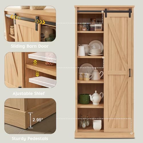 72" Tall Farmhouse Kitchen Pantry with Sliding Barn Door, Large Wood Kitchen Storage Cabinets with Adjustable Shlef, Rustic Wood Cupboard for Dining Room, Bathroom, White