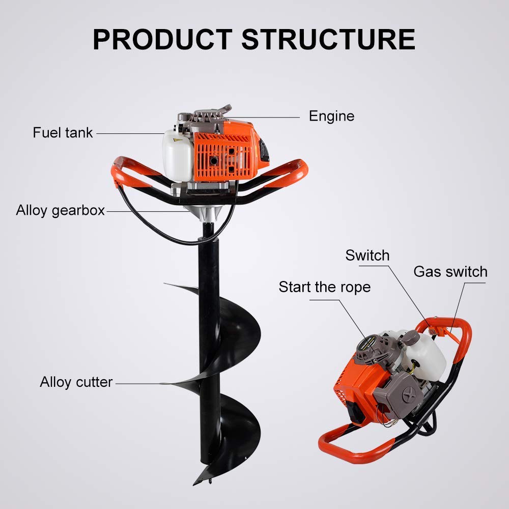 DC HOUSE 63CC 3.4HP 2 Stroke Gas Powered Auger Post Hole Digger with 2 Earth Auger Drill Bits 6" & 10" + 3 Extension Rods for Farm Garden Digging/Drilling/Planting (Subcontract delivery)