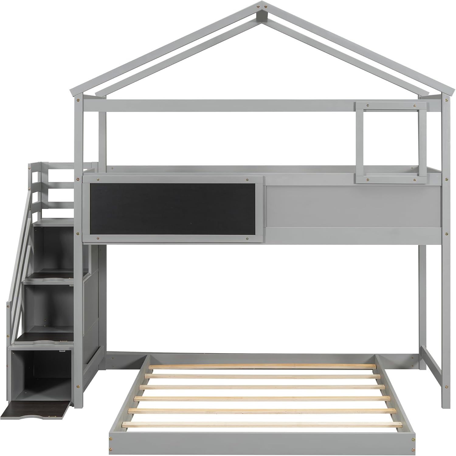L-Shaped Twin Over Full House Bunk Bed with Storage Stairs and Blackboard, Wood Playhouse Bunk Beds with Roof and Guardrails for Kids Boys Girls Teens, Gray